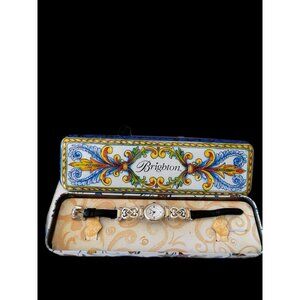 Brighton CHAMPAGNE Silver/Gold Tone Oval Face Black Band New Battery Comes Tin